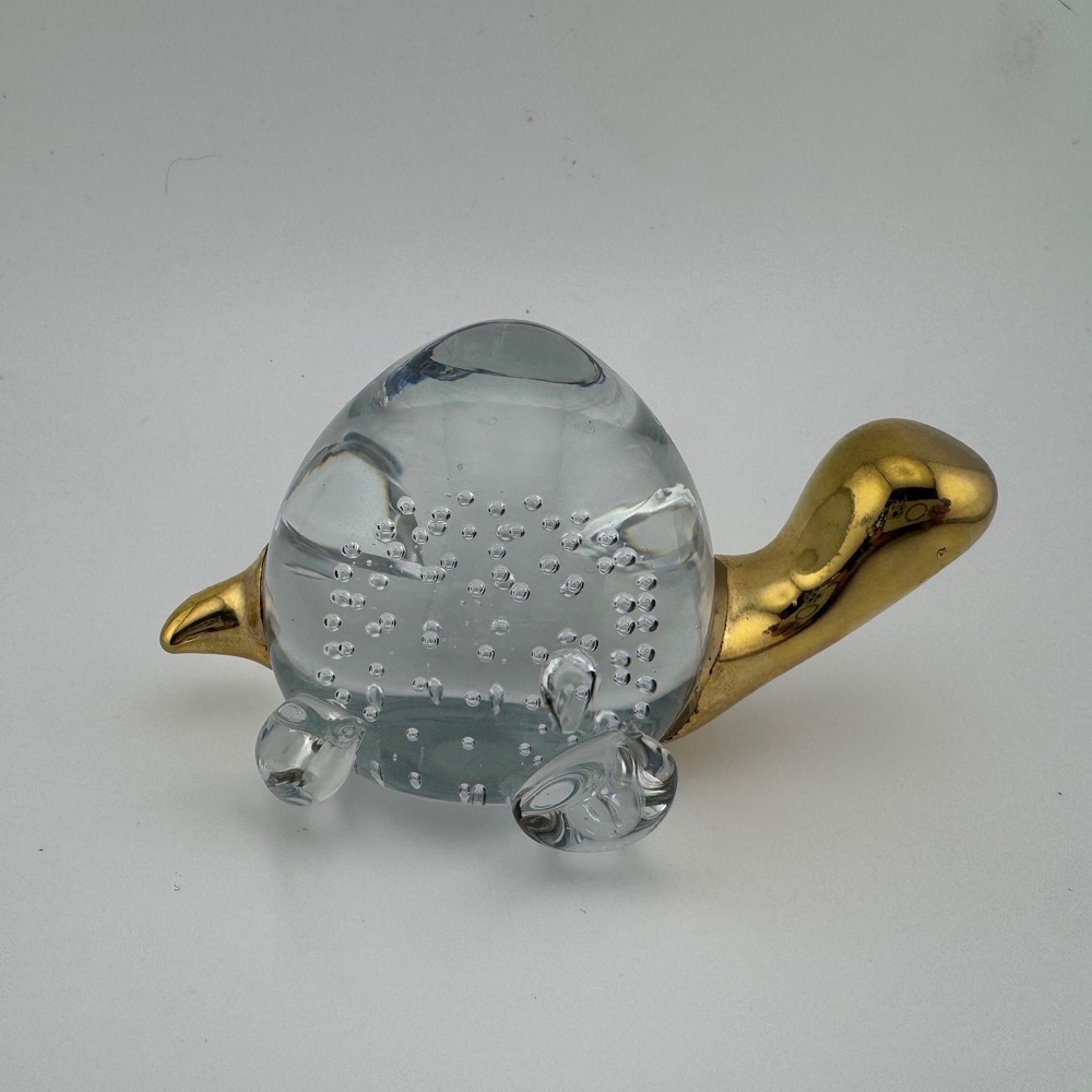 Art Glass Turtle Figurine Controlled Bubble Bullicante Clear Gold Accents‎